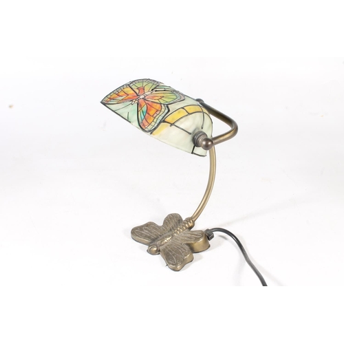 65 - Tiffany style reading lamp decorated with butterfly stained glass shade on butterfly shaped brass st... 