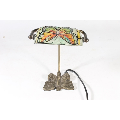 65 - Tiffany style reading lamp decorated with butterfly stained glass shade on butterfly shaped brass st... 