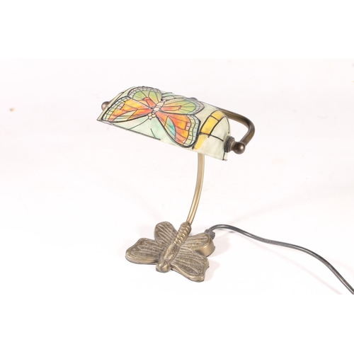 65 - Tiffany style reading lamp decorated with butterfly stained glass shade on butterfly shaped brass st... 