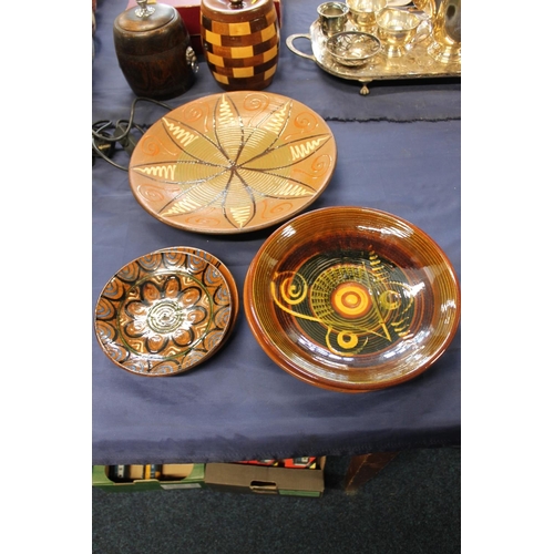 67 - Five Studio Pottery slip glazed Puigdemont wall plates, largest 35cm diameter.