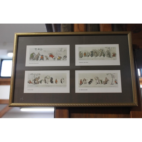 70 - Four French dog prints framed as one and an embroidered butterfly tortoiseshell picture.