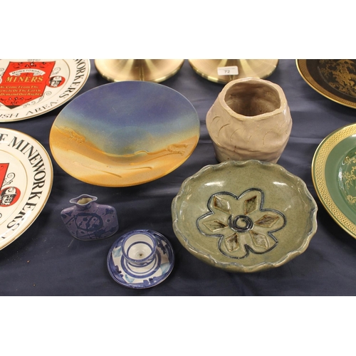 73 - Studio Pottery to include a matt glazed blue and beige bowl, a Welsh Pottery Wye candlestick, etc.