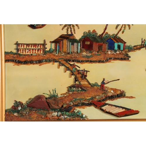 340 - Oriental lacquered and stone set picture, 55cm wide and West German figures.