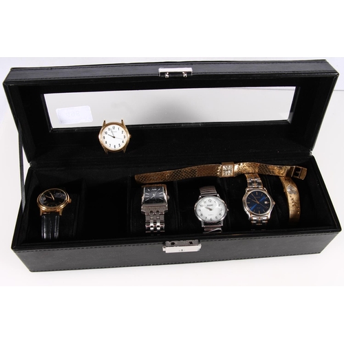 498 - Black leatherette fashion watch box containing Darch, Sekonda, Accurist, Featurley and Avia wristwat... 