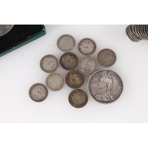 524 - British coin collection to include florin 1887 and ten pre 1920 3d, 25g gross, also 27g of 500 grade... 