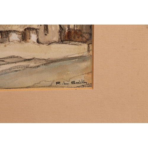 534 - R L SMITH, Dales Farmhouse, watercolour and charcoal, signed lower right, 20cm x 22cm, frame 34cm x ... 