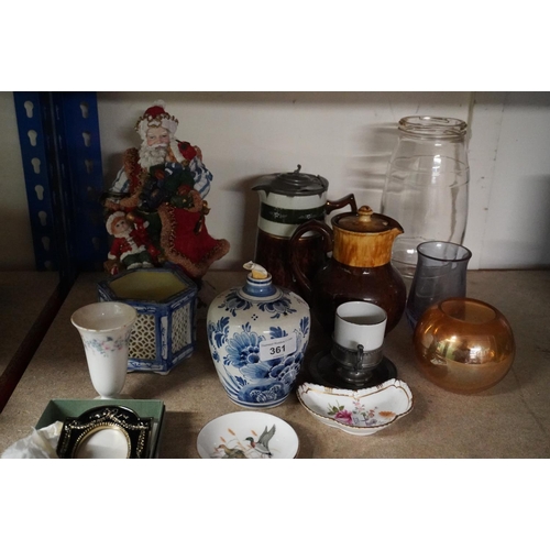 361 - Decorative ceramics to include Delft blue and white vase, jugs, a pin dish, etc.