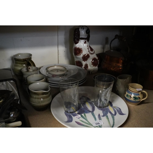 366 - Buchanware plates, decorative plates and bowls, pottery jug, wally dog, etc.