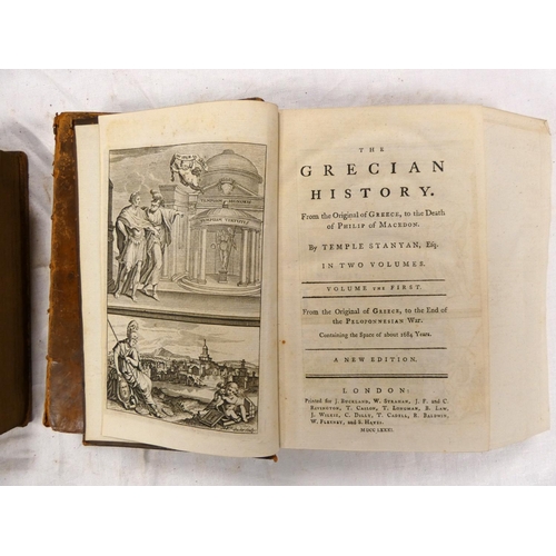 72 - STANYAN TEMPLE.  The Grecian History. 2 vols. Eng. frontis, fldg. eng. map & eng. plates. Large ... 