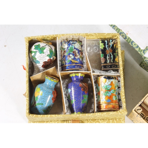 247 - Mid-20th century Chinese bottle, six small cloisonné vases and bone gaming and Mah Jong markers