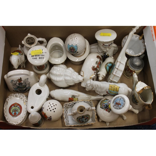 264 - Box containing crested china to include Tommy Atkins, golf ball, banjo, etc.