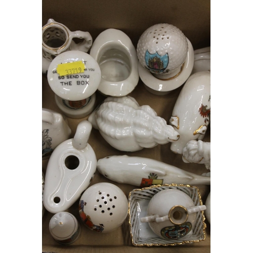 264 - Box containing crested china to include Tommy Atkins, golf ball, banjo, etc.