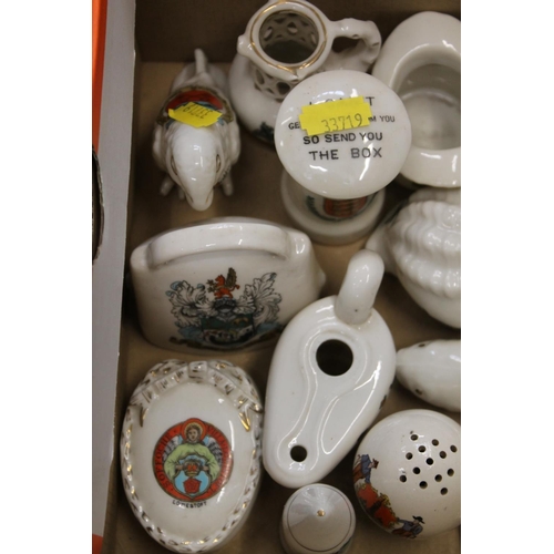 264 - Box containing crested china to include Tommy Atkins, golf ball, banjo, etc.