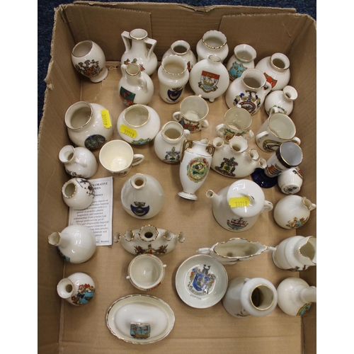 265 - Box containing crested china, mostly vases, jugs, etc.