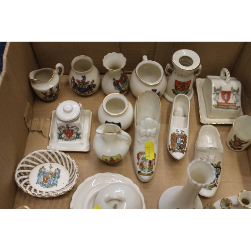 266 - Box containing crested china to include vases, shoes, teapots, etc.