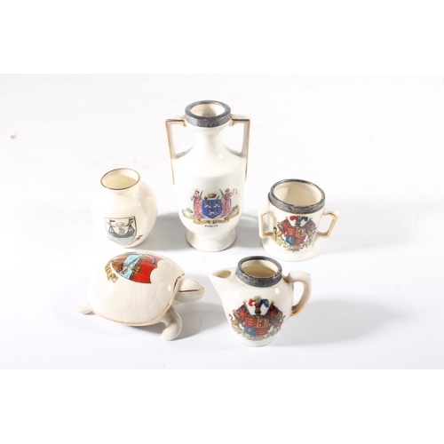 267 - Three crested china silver topped items, a vase for Leith and a crested ware tortoise.