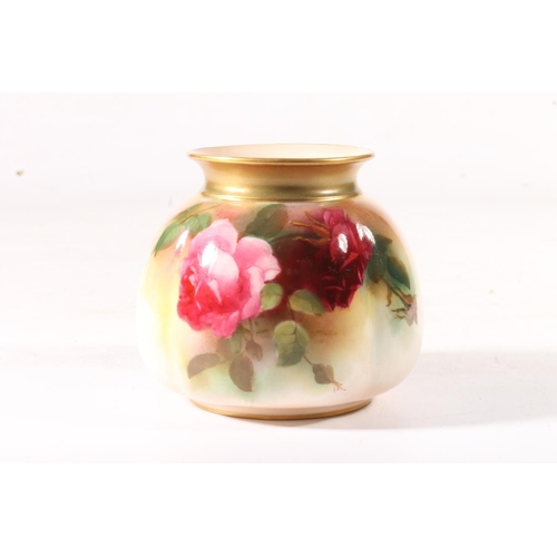 279 - Royal Worcester blush ivory squat vase painted with roses, 8cm high.