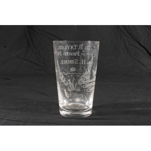 287 - Victorian glass beaker inscribed 'Never Drink Water' to B Taylor from H Sims, with etched figure, 15... 