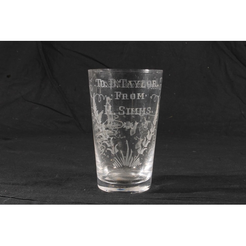 287 - Victorian glass beaker inscribed 'Never Drink Water' to B Taylor from H Sims, with etched figure, 15... 