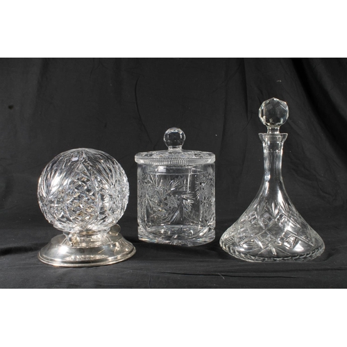 306 - Early 20th century cut-glass biscuit barrel, a ship's decanter and a 1930s chrome and cut-glass tabl... 