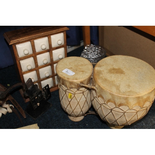 325 - Pair of bongos, Henry Cotton My Golfing Album, tools, etc.