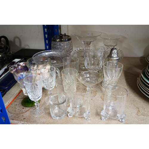 377 - Glassware to include antique three footed glass, a preserve jar, etc.