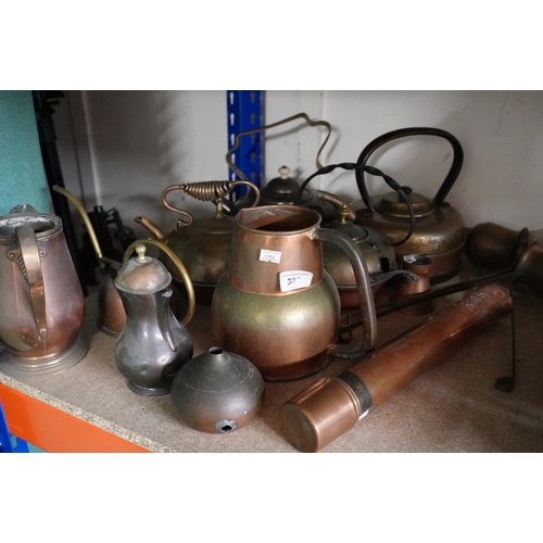 380 - Brass and copper teapots, copper measures, etc.