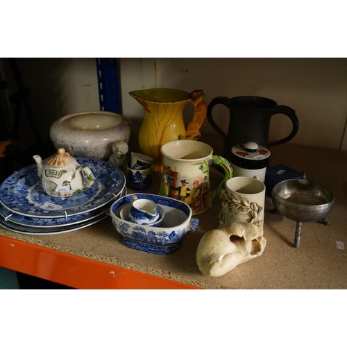 381 - Decorative ceramics to include blue and white, a Crown Devon Musical mug, a pewter trophy mug, etc.