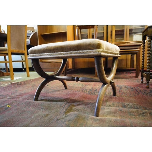 572 - Victorian rosewood X-frame stool with upholstered top, 37cm high.