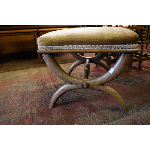 572 - Victorian rosewood X-frame stool with upholstered top, 37cm high.