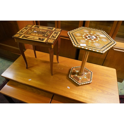 574 - Italian Sorento style sewing table and an Eastern inlaid occasional table.