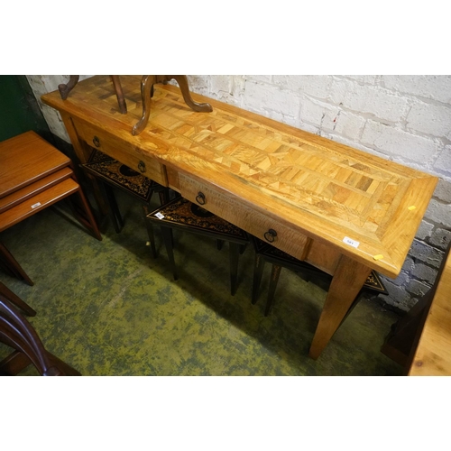 581 - Modern satin wood serving table with two drawers and geometric inlay to the top.