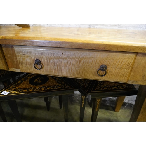 581 - Modern satin wood serving table with two drawers and geometric inlay to the top.