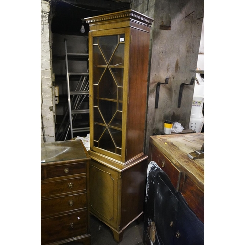 597 - Mahogany cabinet bookcase with astragal glaze door, 185cm x 48cm.