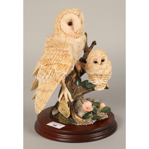 16 - Border Fine Arts Chiltern, The Russell Willis Collection WB71 Barn Owl and Chick figurine on wooden ... 