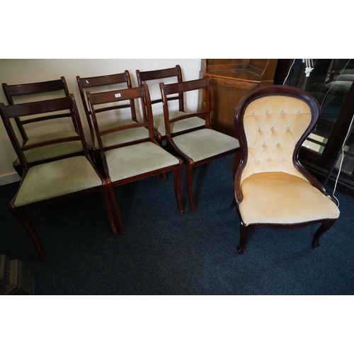 619 - Six reproduction mahogany sabre leg dining chairs and a Victorian style button back lady's chair.  (... 