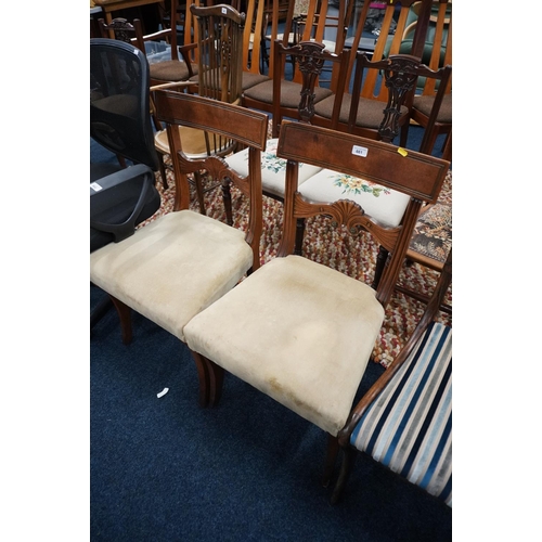 661 - Pair of Edwardian chairs with scroll and shell form back splat.