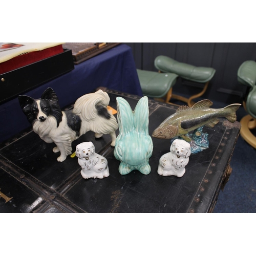 151 - Sylvac style rabbit model, a pair of miniature wally dogs, a Beswick large mouthed black bass #1266,... 