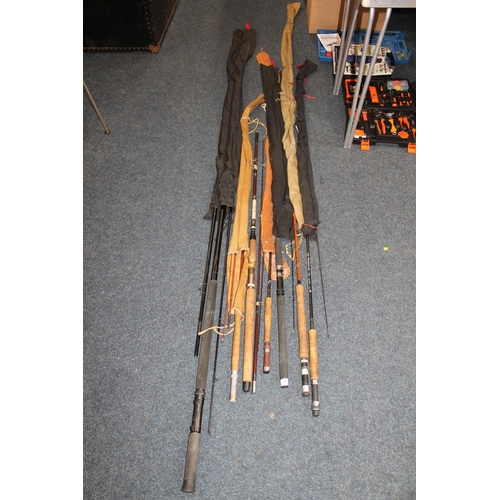 170 - Fishing rods to include a Sharp The Aberdeen Scottie Brand three section split cane rod, and others.