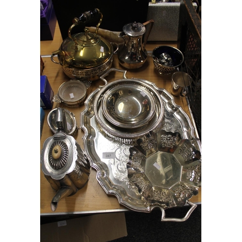 397 - Silver-plated twin-handled tray, pickle forks, a teapot, etc.