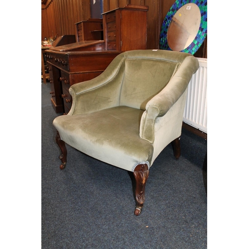 648 - Green upholstered low armchair, H74cm.