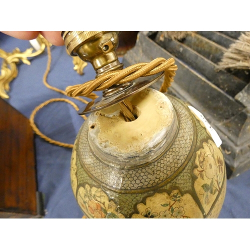 329 - Kashmir painted papier mache table lamp, Painted with birds in foliage, with later fittings, approxi... 