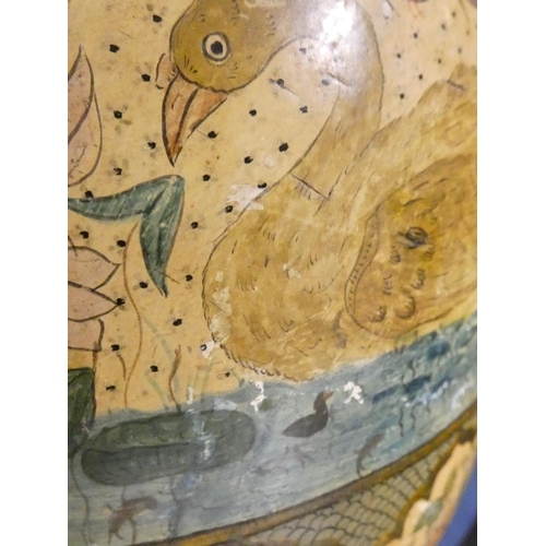 329 - Kashmir painted papier mache table lamp, Painted with birds in foliage, with later fittings, approxi... 