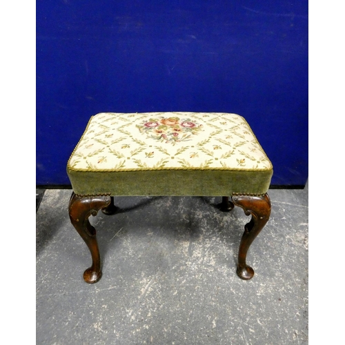 362 - Georgian mahogany pad foot stool, with later floral needlepoint and velour cushion top, on acanthus ... 