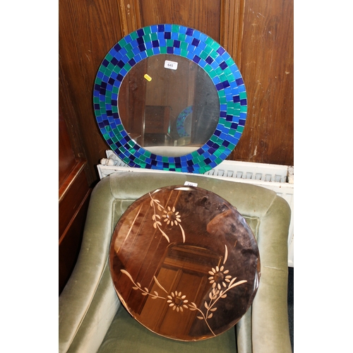 645 - Circular wall mirror with mosaic border and one other copper mirror.