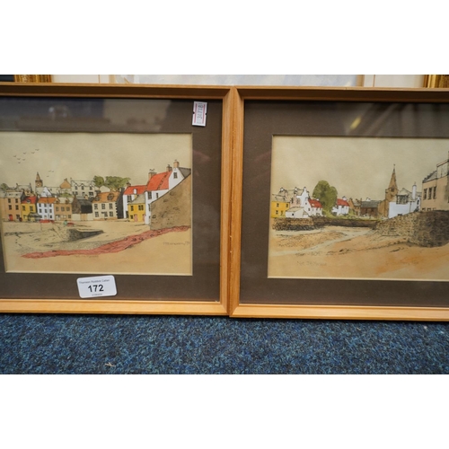 172 - NEIL J H MACLEOD, Pittenweem and Anstruther, pair of hand coloured prints, 14cm x 19cm, frames 22cm ... 