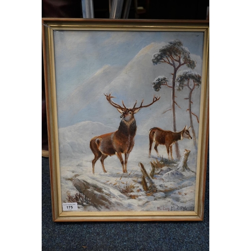 175 - WILTON MOTLEY, stag and doe in a winter Scottish Highland landscape, oil painting on board, signed l... 