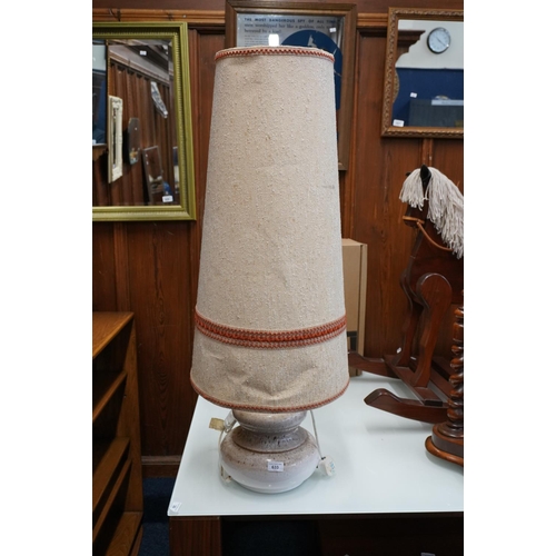 633 - West German Studio Pottery table lamp with large shade, 103cm high.