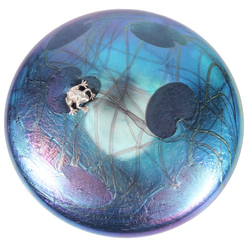 John Ditchfield Glasform iridescent glass lily pad paperweight with applied frog.