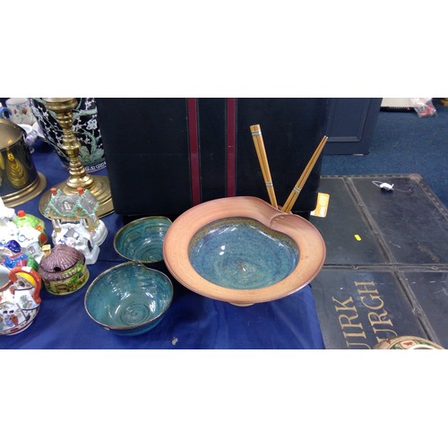 218 - Studio Pottery Ramen bowl with chopsticks and two other Studio Pottery bowls.